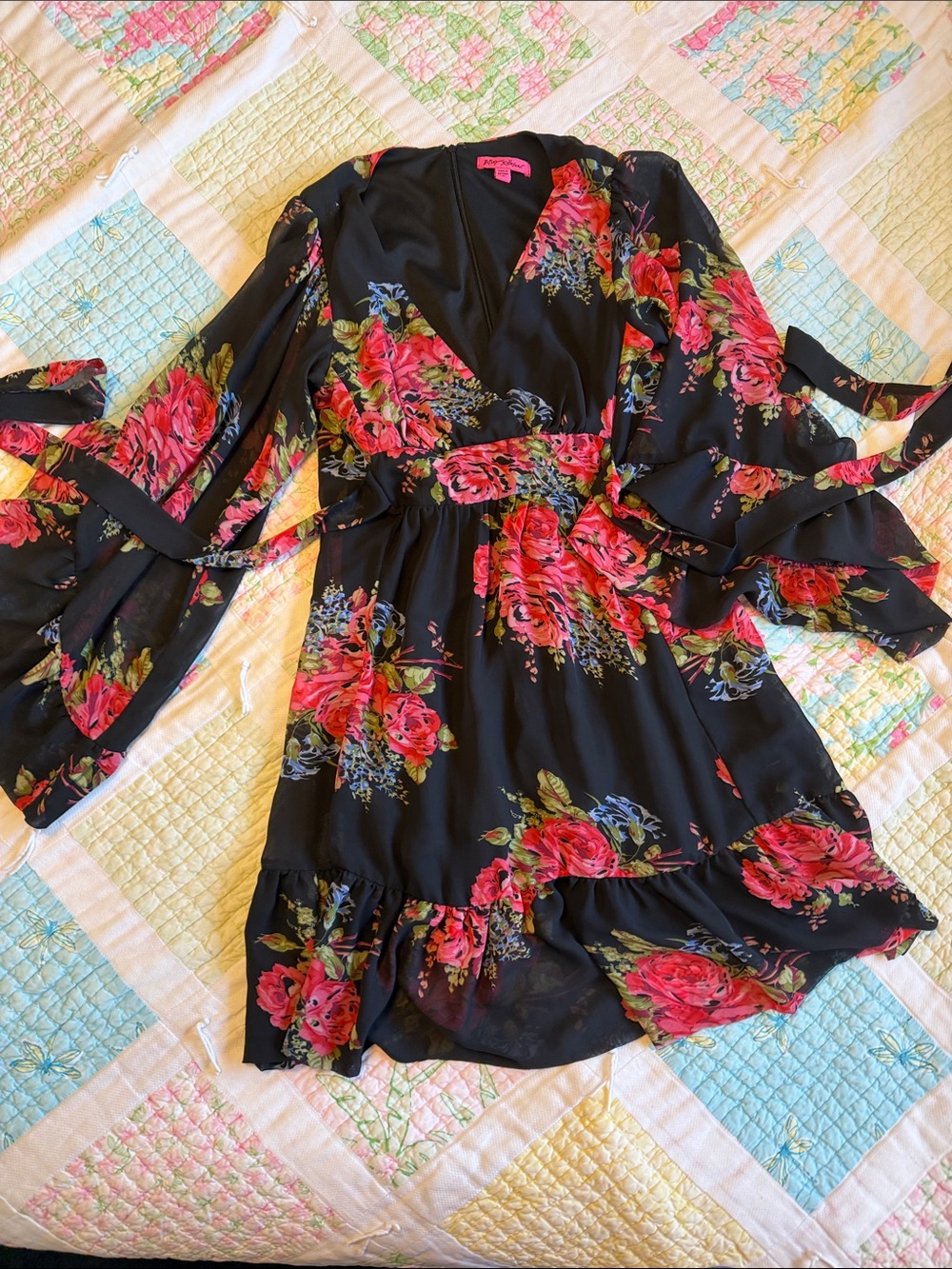 Betsey Johnson Black Floral Wrap Dress with Bell Sleeves